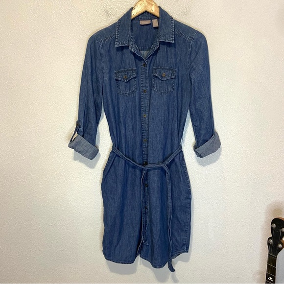 Chico's Dresses & Skirts - Chico’s Denim Button Front Rolled Sleeves Shirt Dress Small